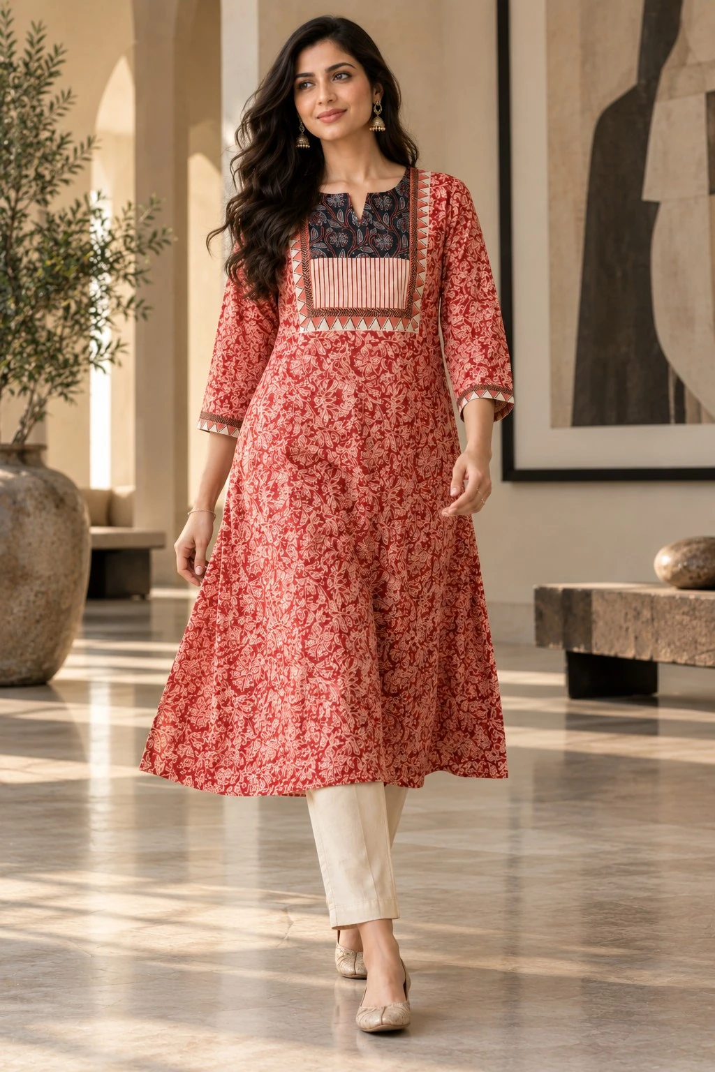 Rust Red Ajrakh Yoke Floral Print Pure Cotton Flared Kurti