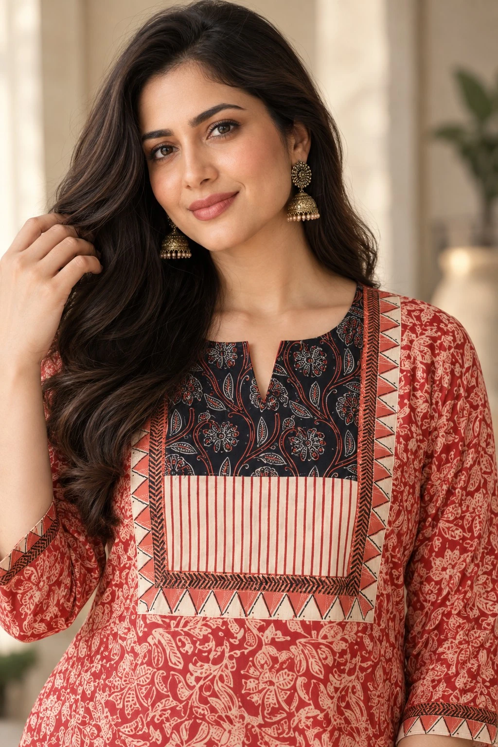 Rust Red Ajrakh Yoke Floral Print Pure Cotton Flared Kurti — view 2