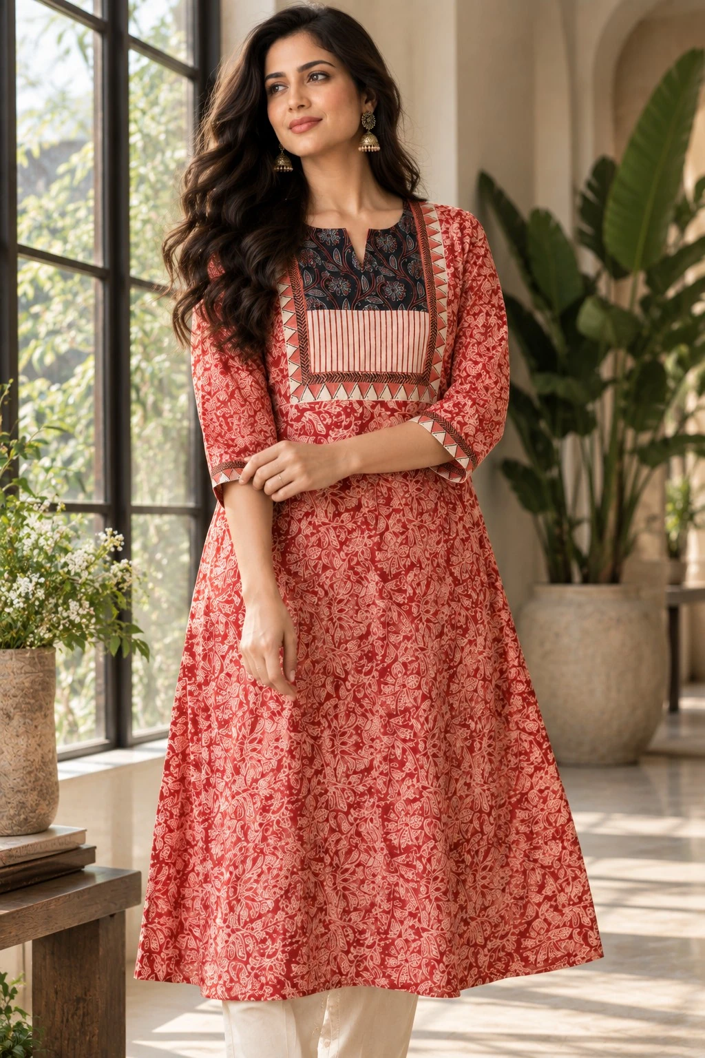 Rust Red Ajrakh Yoke Floral Print Pure Cotton Flared Kurti — view 3