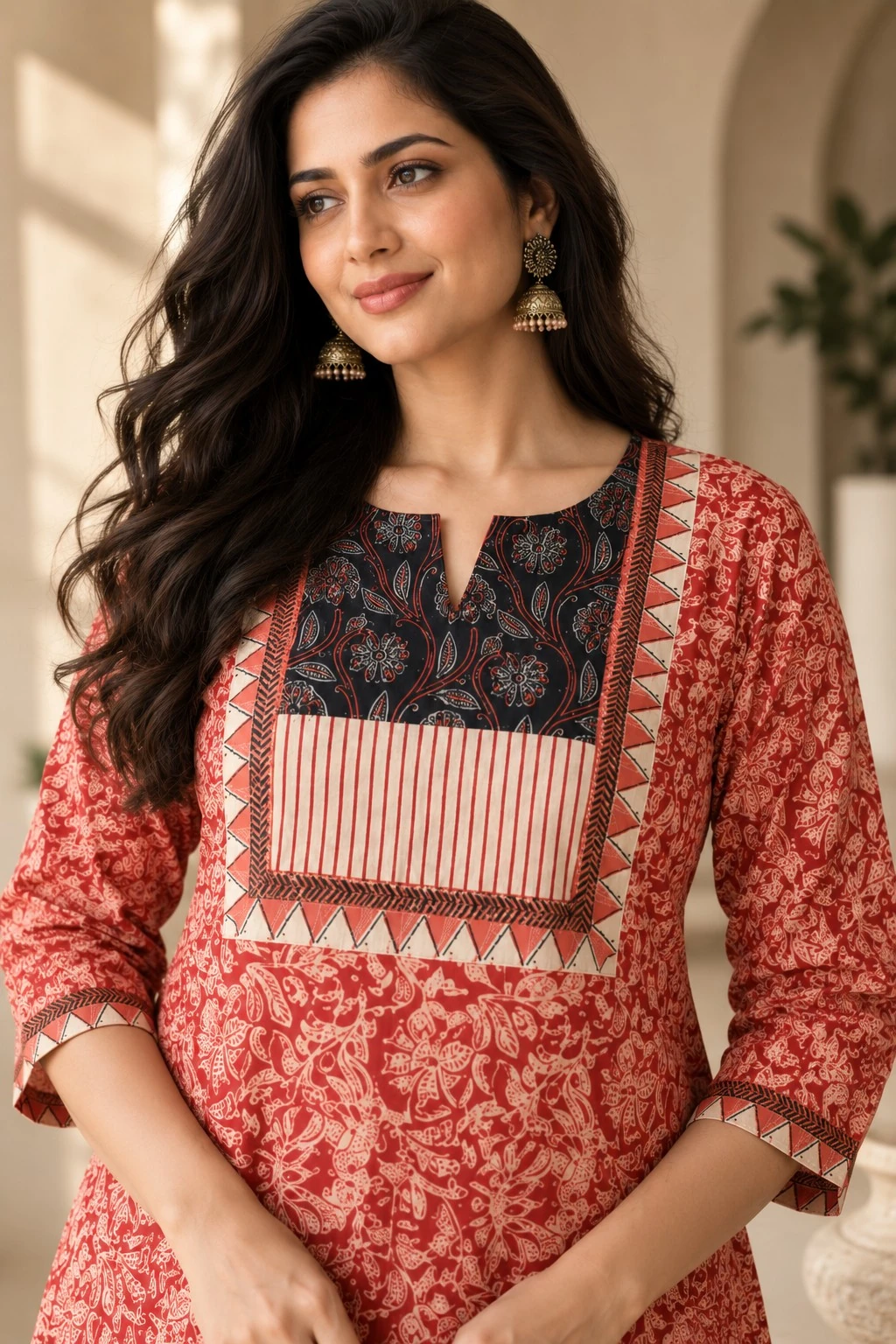Rust Red Ajrakh Yoke Floral Print Pure Cotton Flared Kurti — view 4
