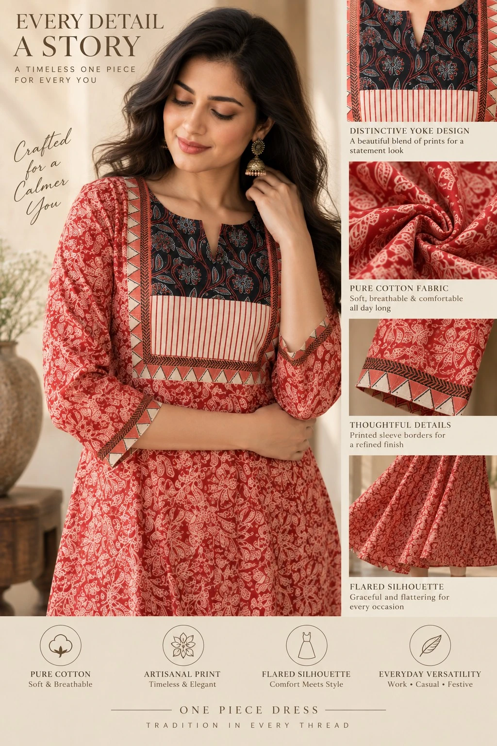 Rust Red Ajrakh Yoke Floral Print Pure Cotton Flared Kurti — view 5