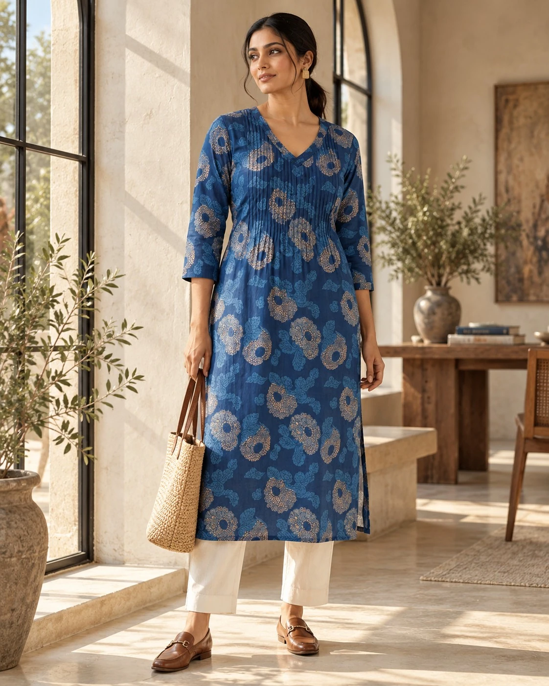 Royal Blue Medallion Floral Pintuck Pure Cotton Kurti