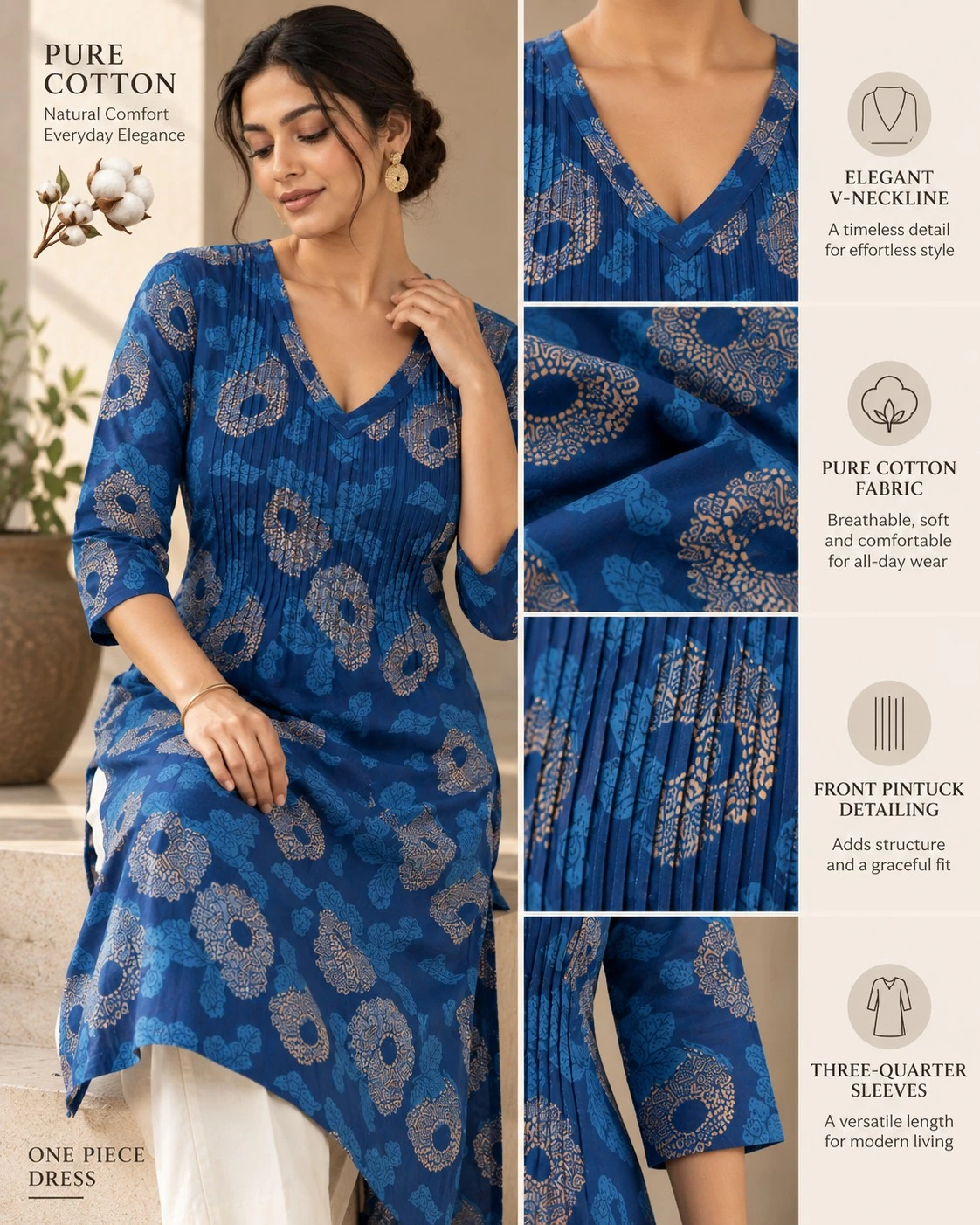Royal Blue Medallion Floral Pintuck Pure Cotton Kurti — view 2
