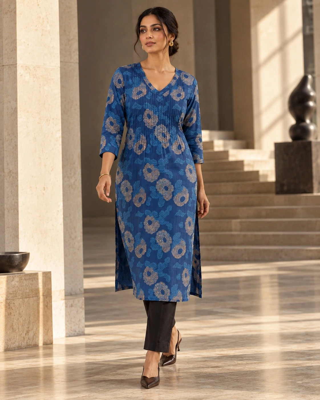 Royal Blue Medallion Floral Pintuck Pure Cotton Kurti — view 3