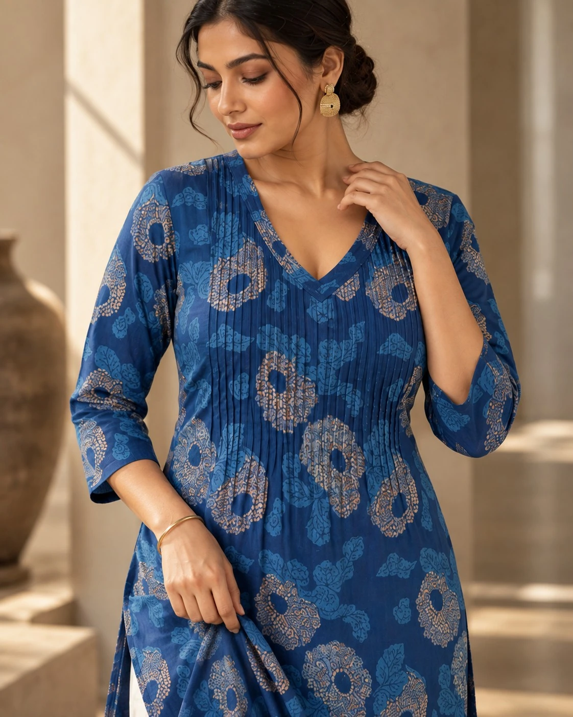Royal Blue Medallion Floral Pintuck Pure Cotton Kurti — view 4