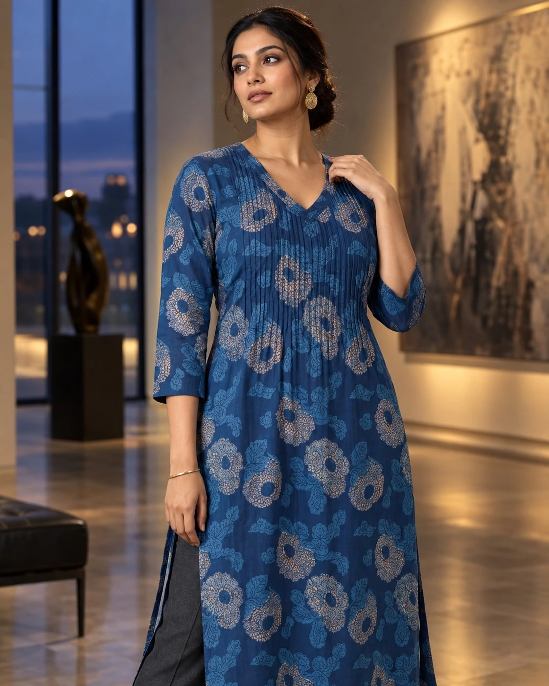 Royal Blue Medallion Floral Pintuck Pure Cotton Kurti — view 5