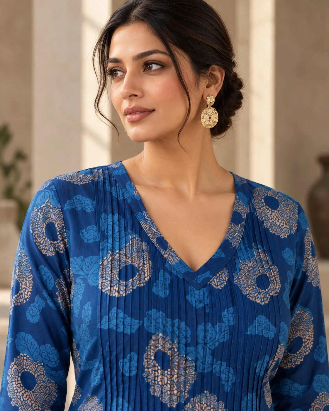 Royal Blue Medallion Floral Pintuck Pure Cotton Kurti — view 6
