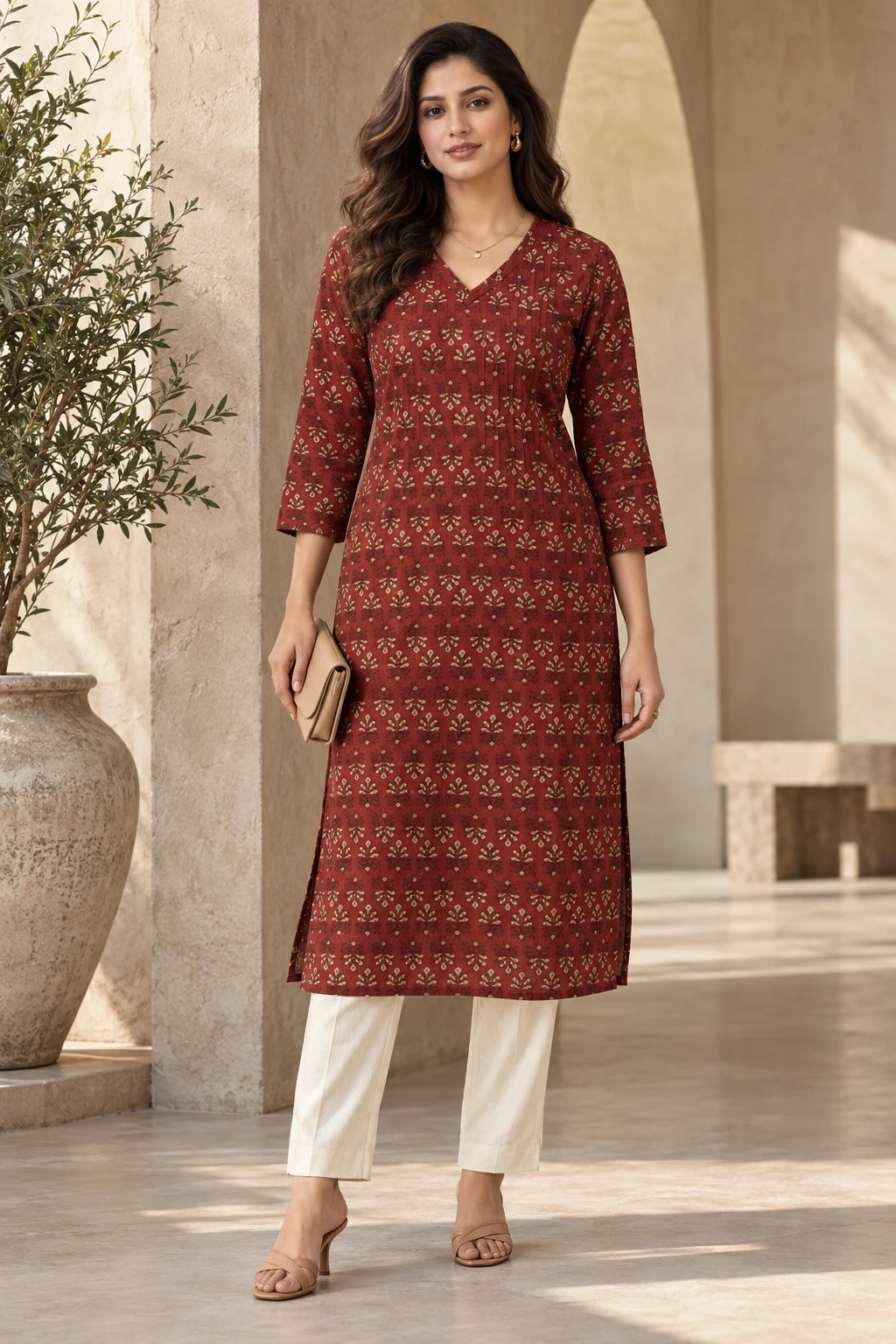 Maroon Ikat Sprig Artisan Print Pintuck Pure Cotton Kurti