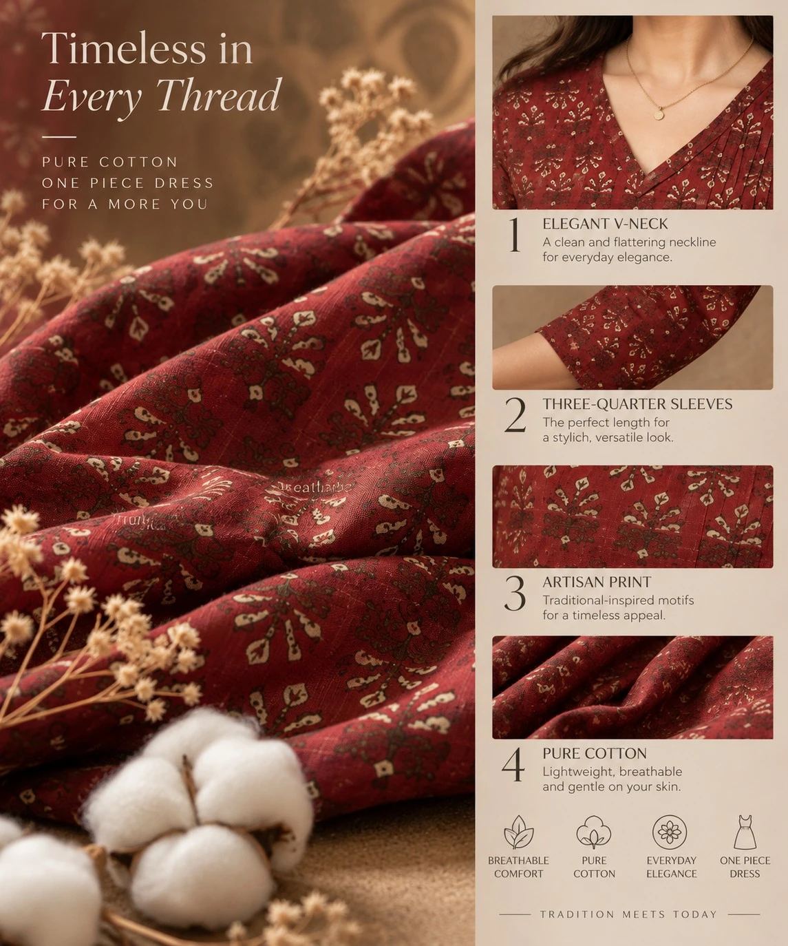 Maroon Ikat Sprig Artisan Print Pintuck Pure Cotton Kurti — view 2