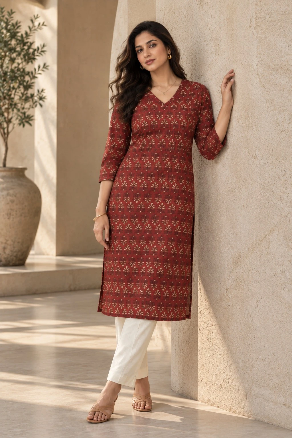 Maroon Ikat Sprig Artisan Print Pintuck Pure Cotton Kurti — view 3