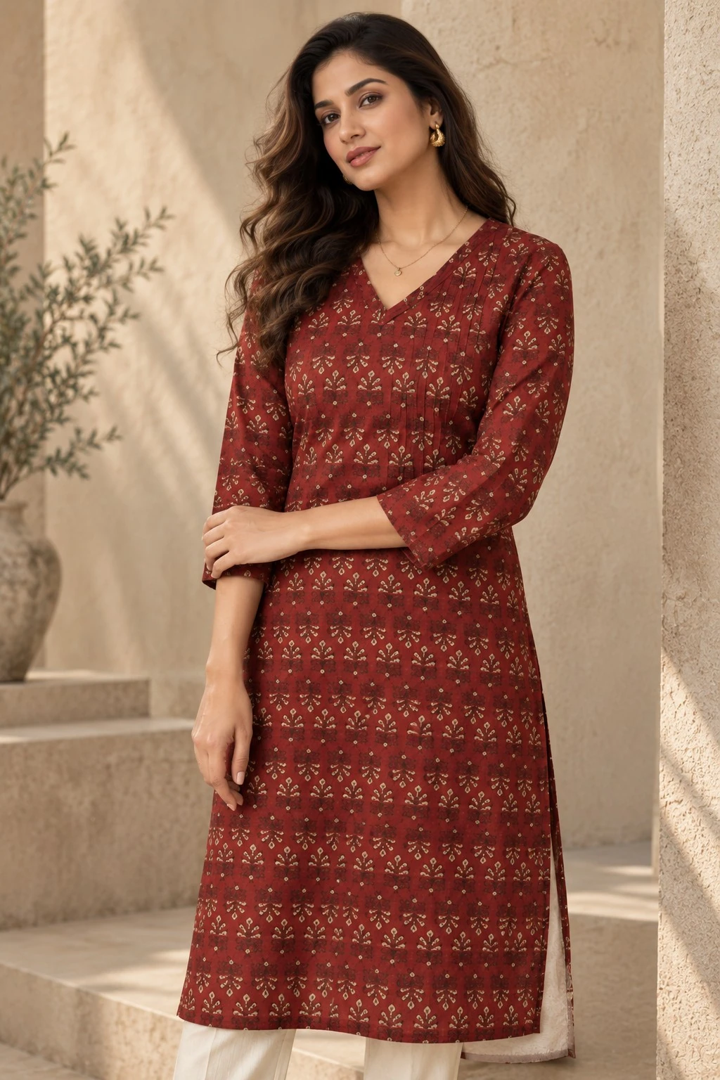 Maroon Ikat Sprig Artisan Print Pintuck Pure Cotton Kurti — view 4