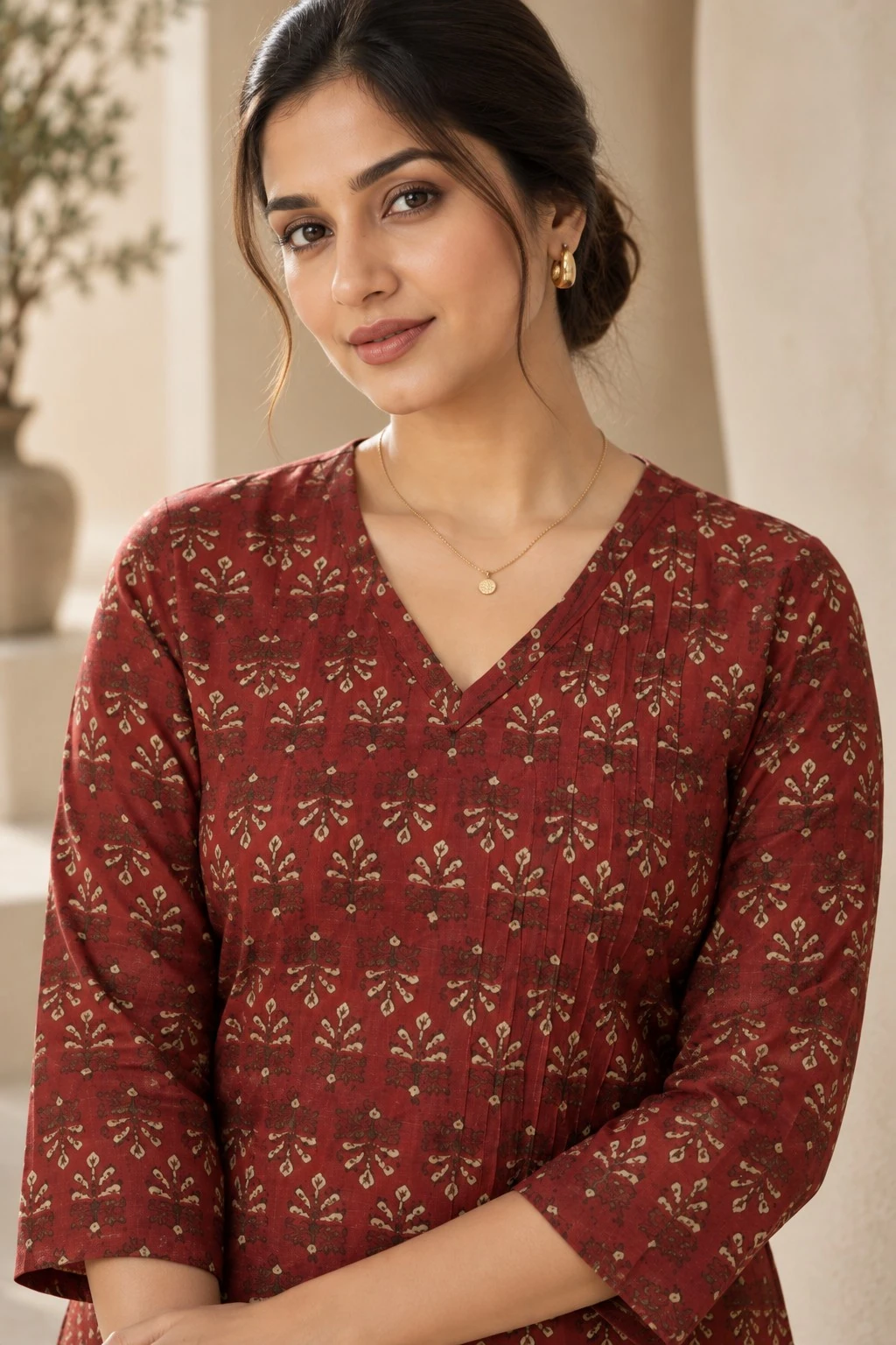Maroon Ikat Sprig Artisan Print Pintuck Pure Cotton Kurti — view 5