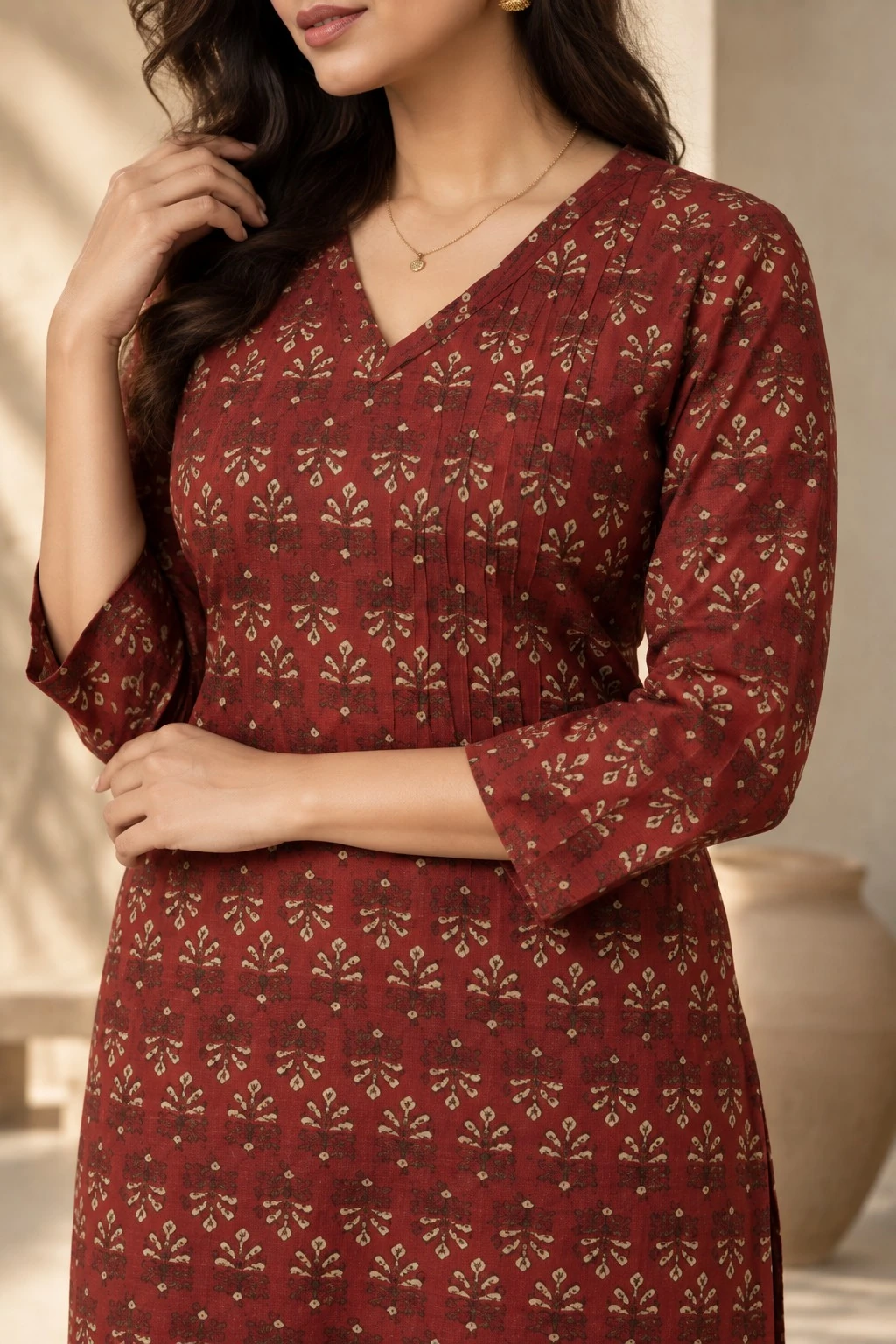 Maroon Ikat Sprig Artisan Print Pintuck Pure Cotton Kurti — view 6