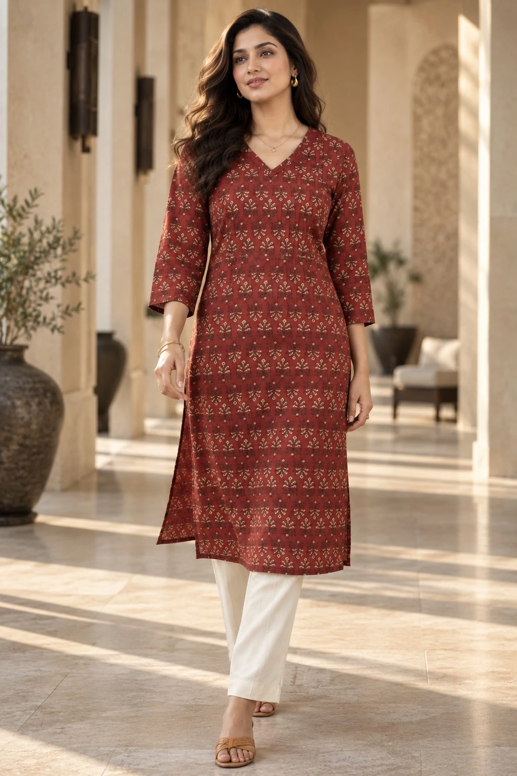 Maroon Ikat Sprig Artisan Print Pintuck Pure Cotton Kurti — view 7