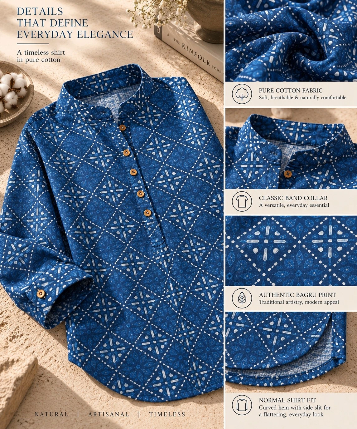 Indigo Blue Bagru Print Band Collar Pure Cotton Shirt Top — view 3