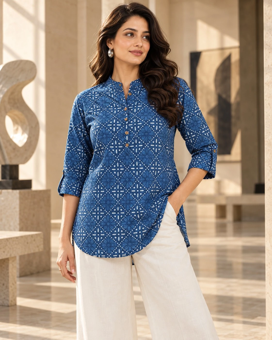 Indigo Blue Bagru Print Band Collar Pure Cotton Shirt Top — view 4