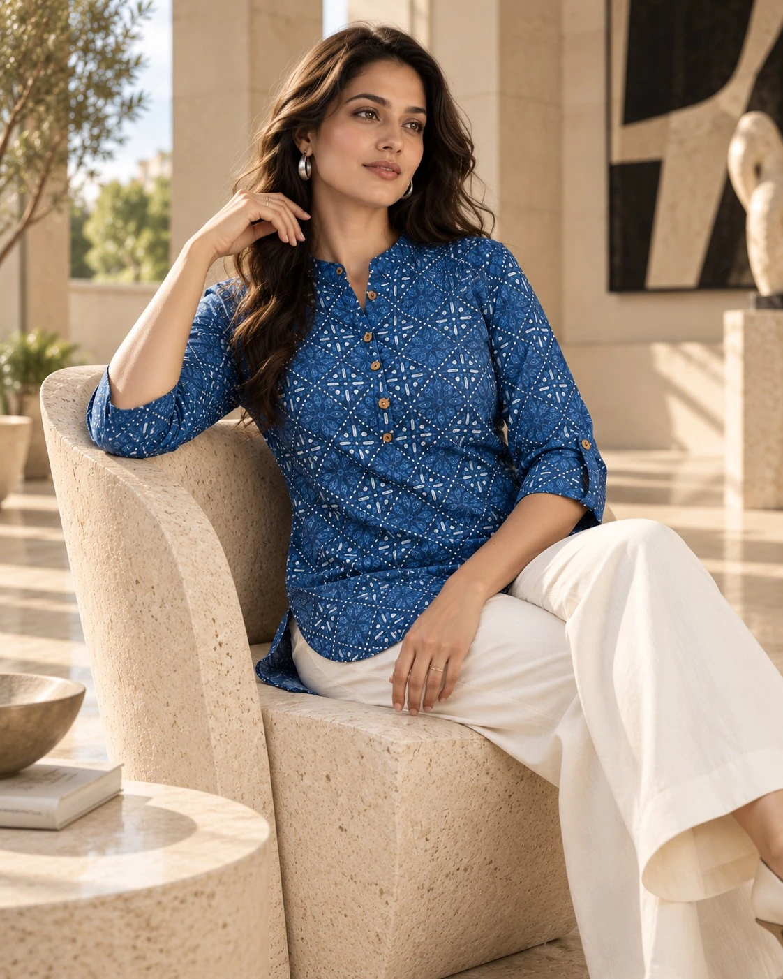 Indigo Blue Bagru Print Band Collar Pure Cotton Shirt Top — view 5