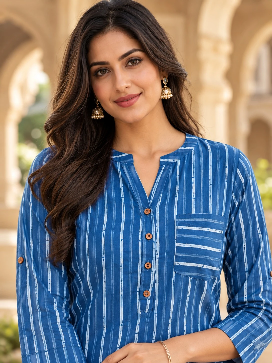 Cobalt Blue Vertical Stripe Pure Cotton Tunic Top — view 2