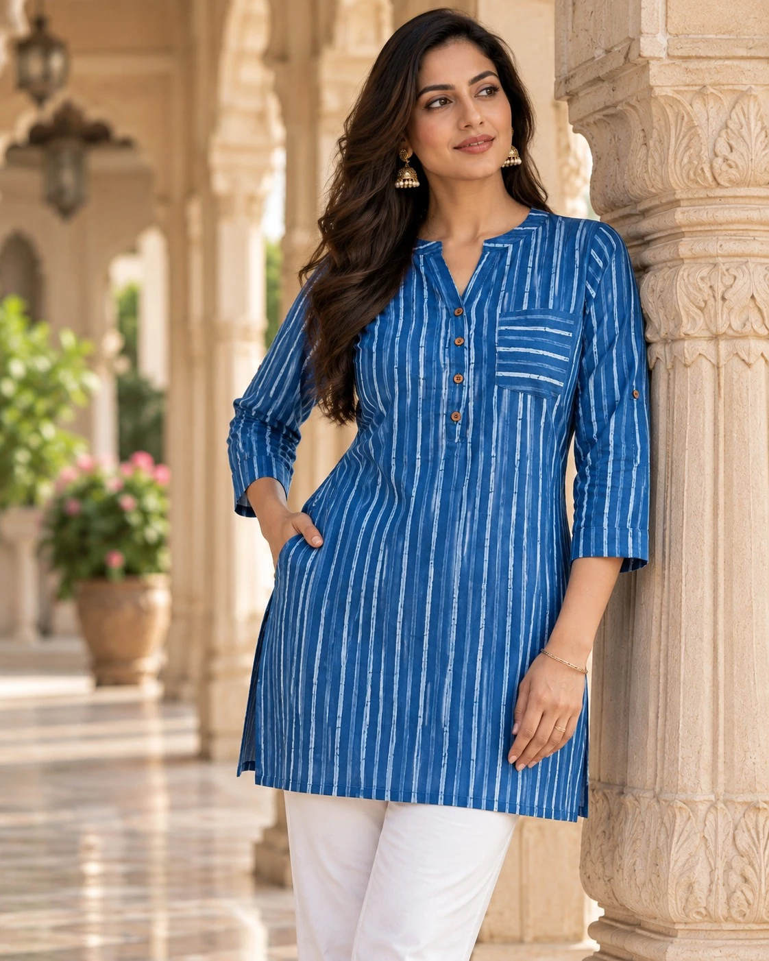 Cobalt Blue Vertical Stripe Pure Cotton Tunic Top — view 4