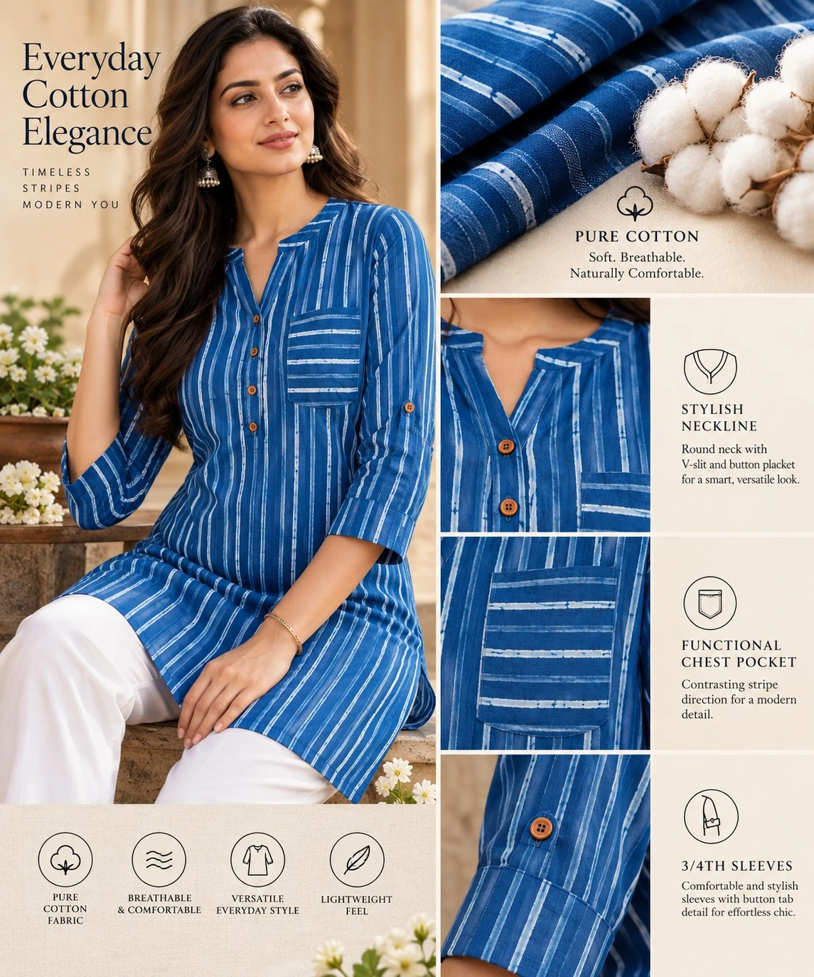 Cobalt Blue Vertical Stripe Pure Cotton Tunic Top — view 6