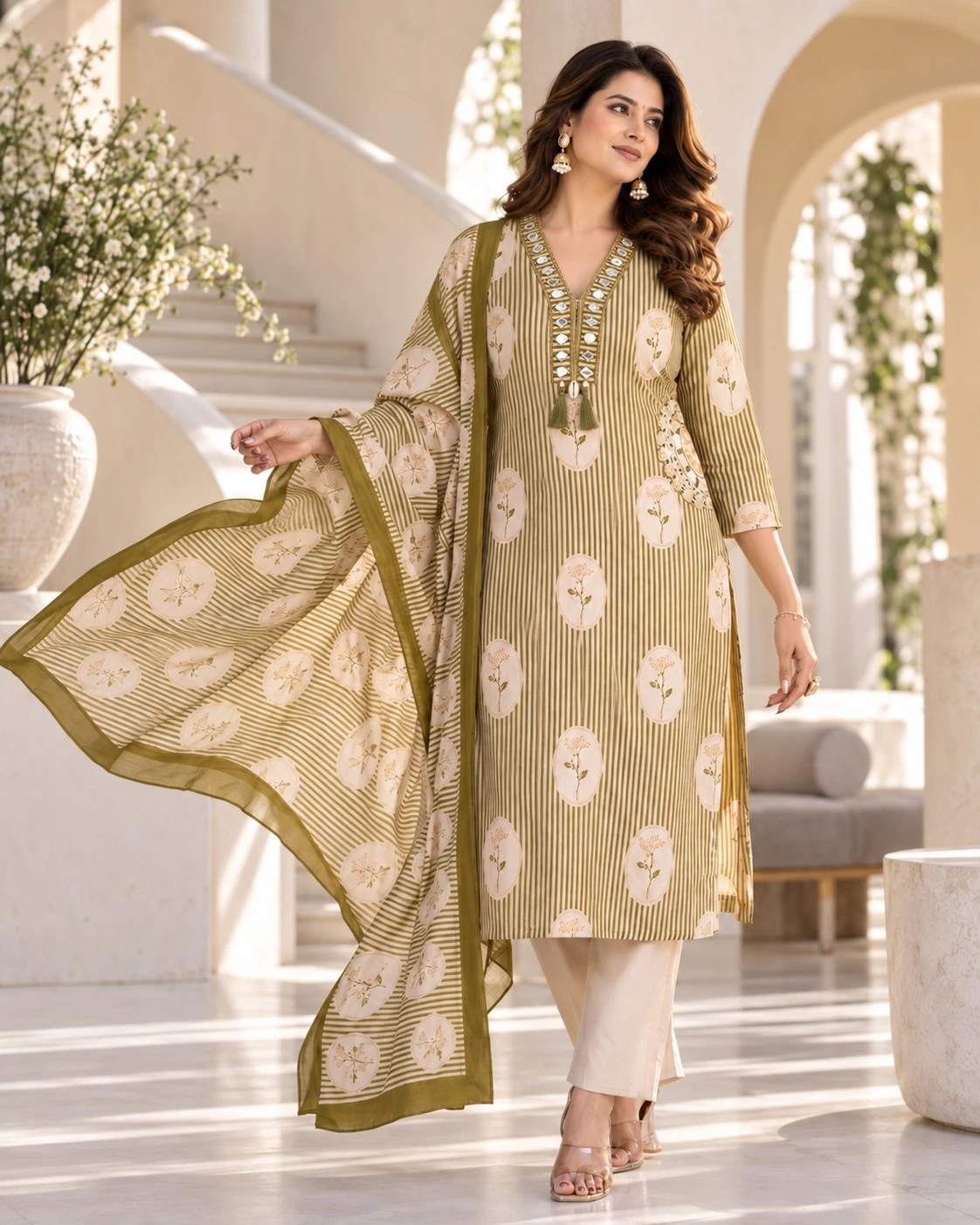 Olive Green Mirror Kodi Pure Cotton Kurta Pant Set with Dupatta