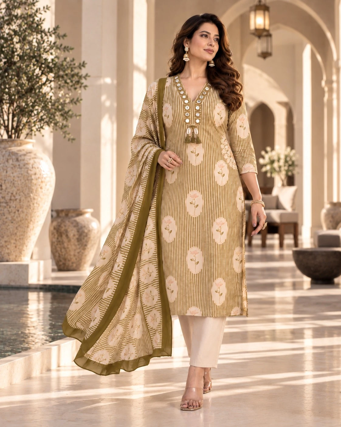Olive Green Mirror Kodi Pure Cotton Kurta Pant Set with Dupatta — view 2