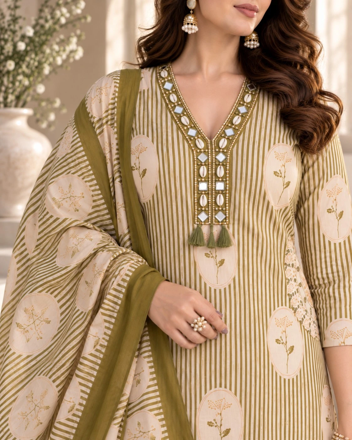 Olive Green Mirror Kodi Pure Cotton Kurta Pant Set with Dupatta — view 4