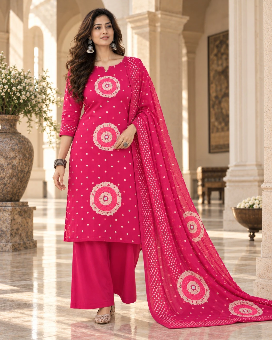 Rani Pink Bandhani Mirror Pure Cotton Kurta Palazzo Set & Dupatta