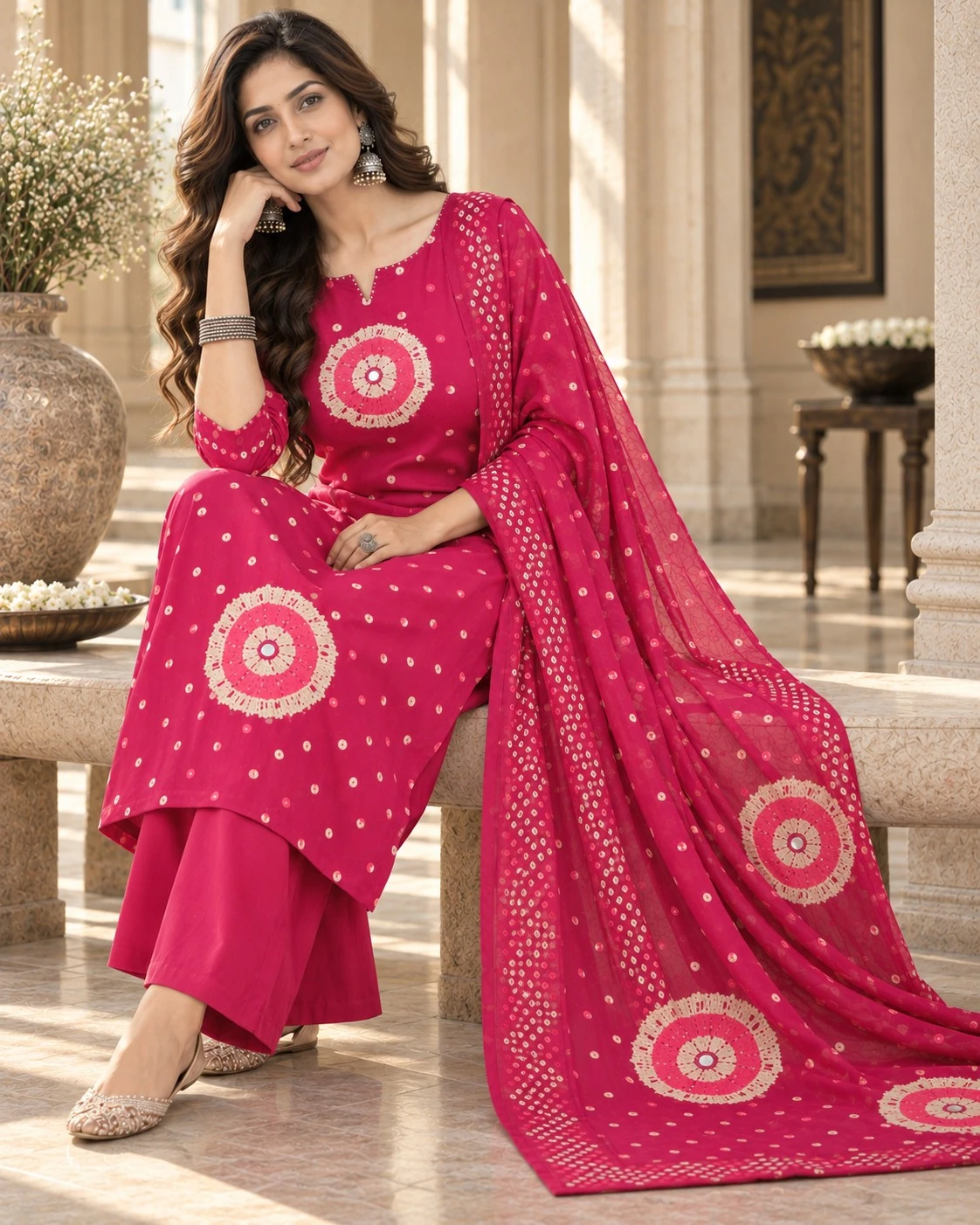 Rani Pink Bandhani Mirror Pure Cotton Kurta Palazzo Set & Dupatta — view 2