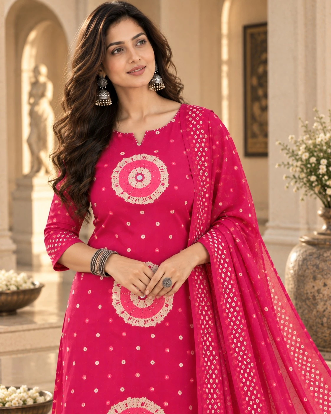 Rani Pink Bandhani Mirror Pure Cotton Kurta Palazzo Set & Dupatta — view 3
