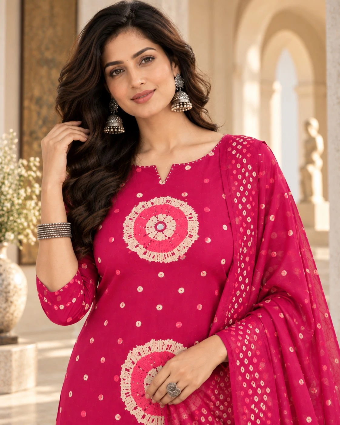 Rani Pink Bandhani Mirror Pure Cotton Kurta Palazzo Set & Dupatta — view 5