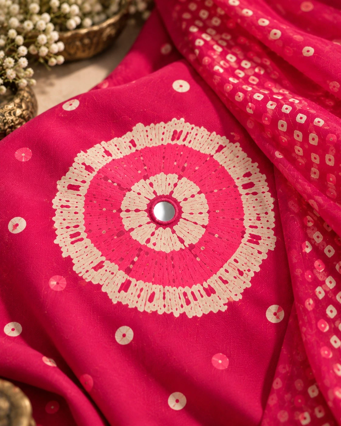 Rani Pink Bandhani Mirror Pure Cotton Kurta Palazzo Set & Dupatta — view 6