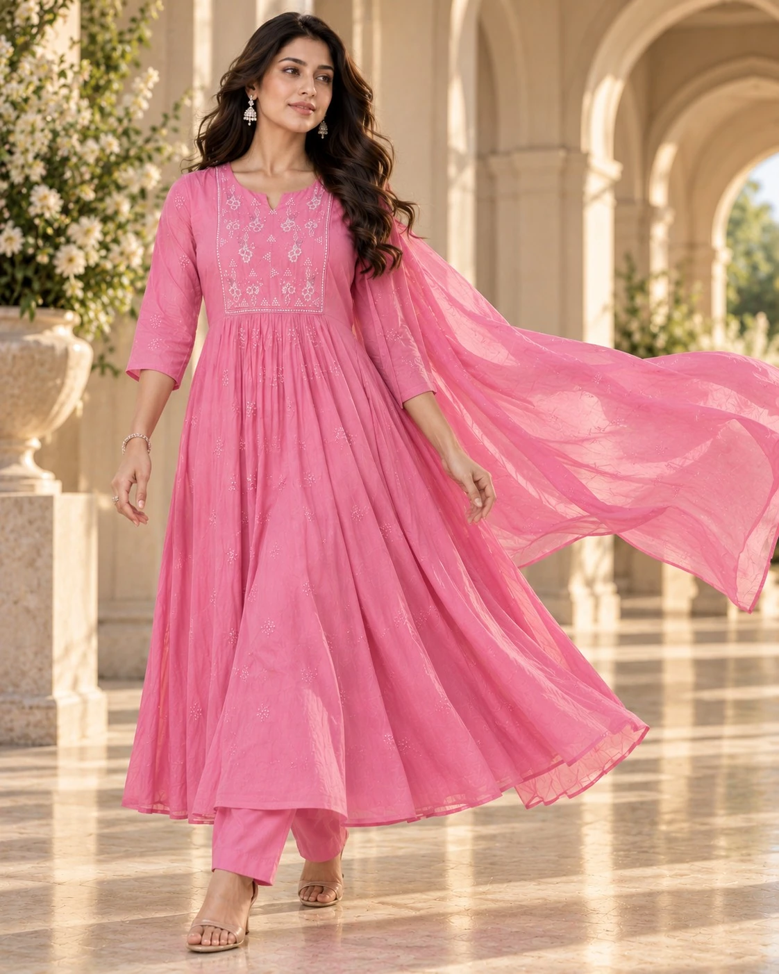 Rose Pink Sequin Mul Chanderi Anarkali Kurta Set with Dupatta