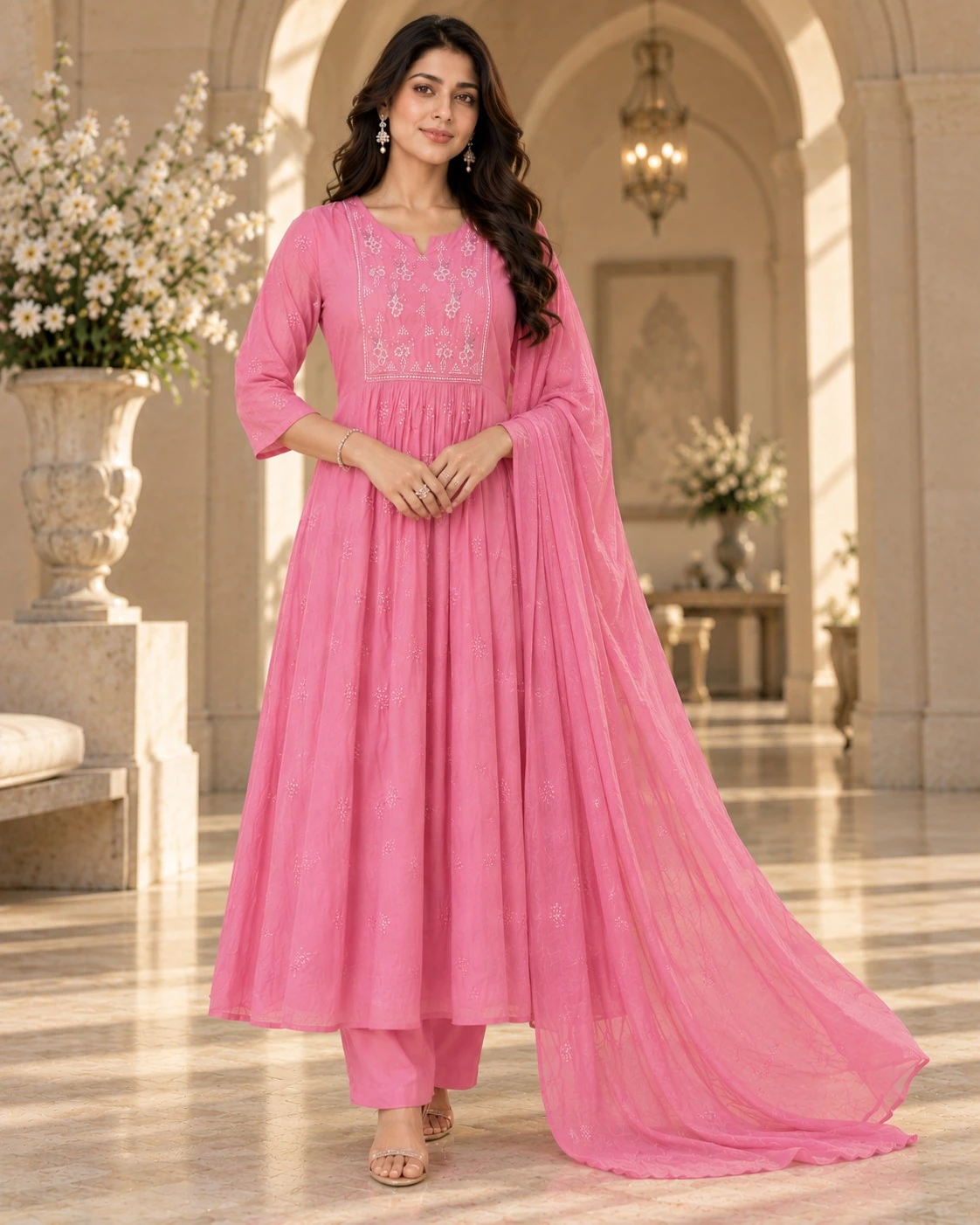 Rose Pink Sequin Mul Chanderi Anarkali Kurta Set with Dupatta — view 2