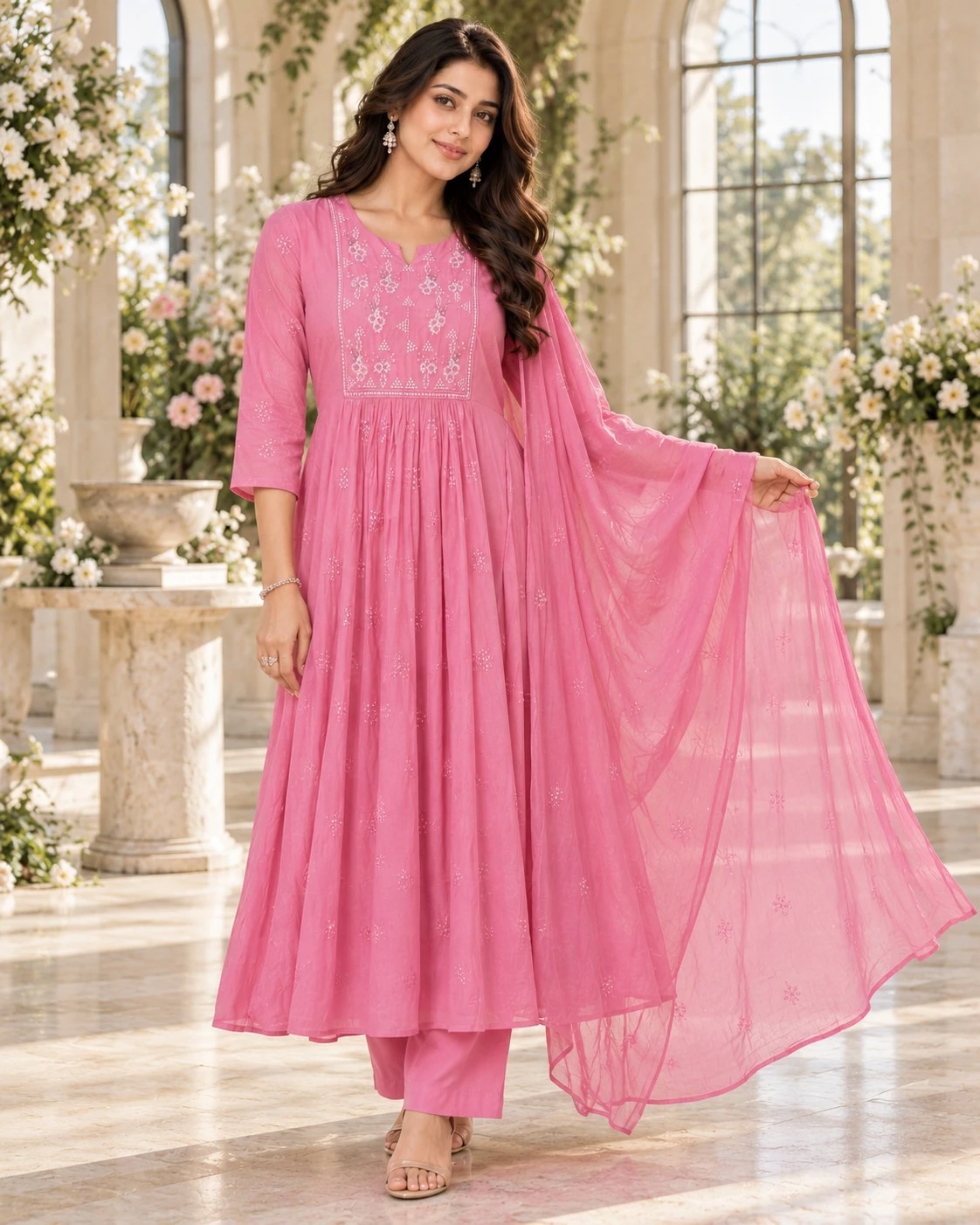 Rose Pink Sequin Mul Chanderi Anarkali Kurta Set with Dupatta — view 3
