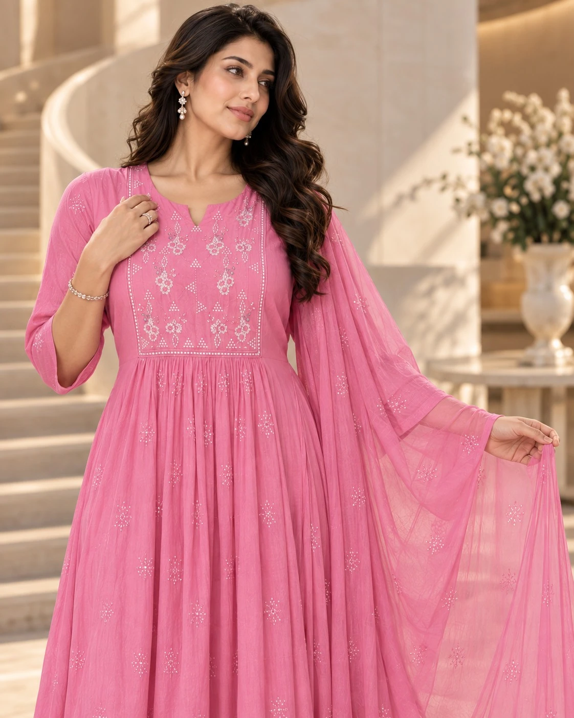 Rose Pink Sequin Mul Chanderi Anarkali Kurta Set with Dupatta — view 4