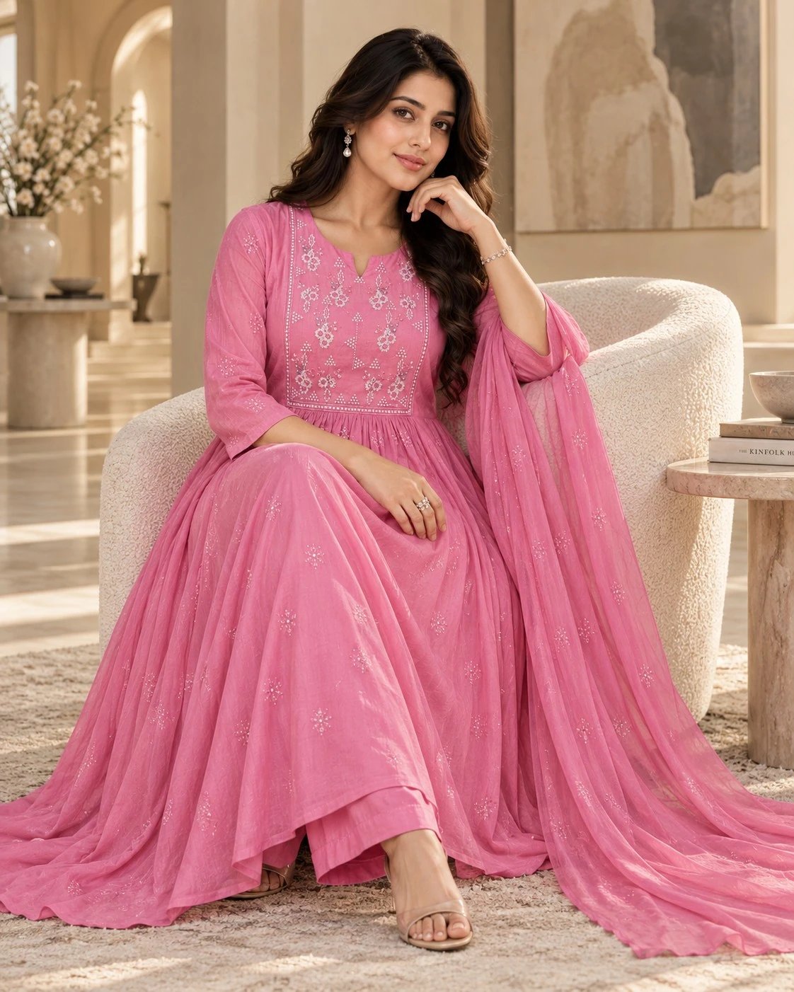 Rose Pink Sequin Mul Chanderi Anarkali Kurta Set with Dupatta — view 5