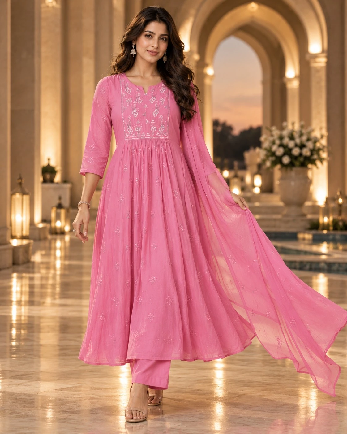 Rose Pink Sequin Mul Chanderi Anarkali Kurta Set with Dupatta — view 7