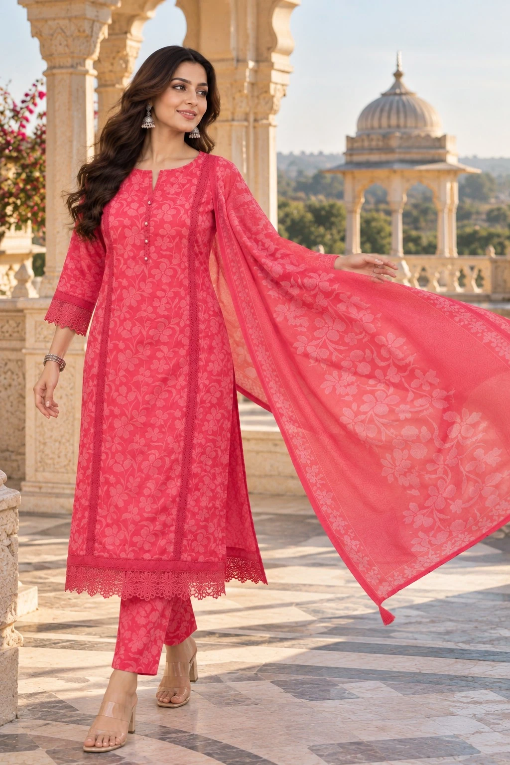 Coral Pink Cutwork Lace Pure Cotton Kurta Pant Set with Dupatta
