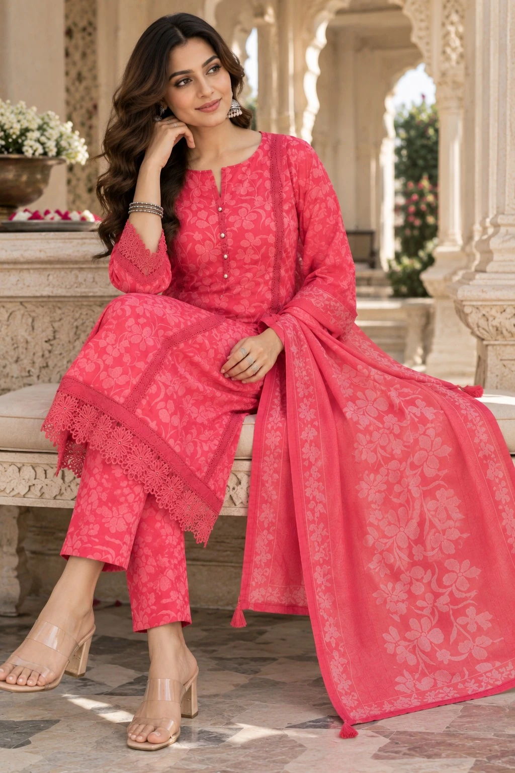 Coral Pink Cutwork Lace Pure Cotton Kurta Pant Set with Dupatta — view 2