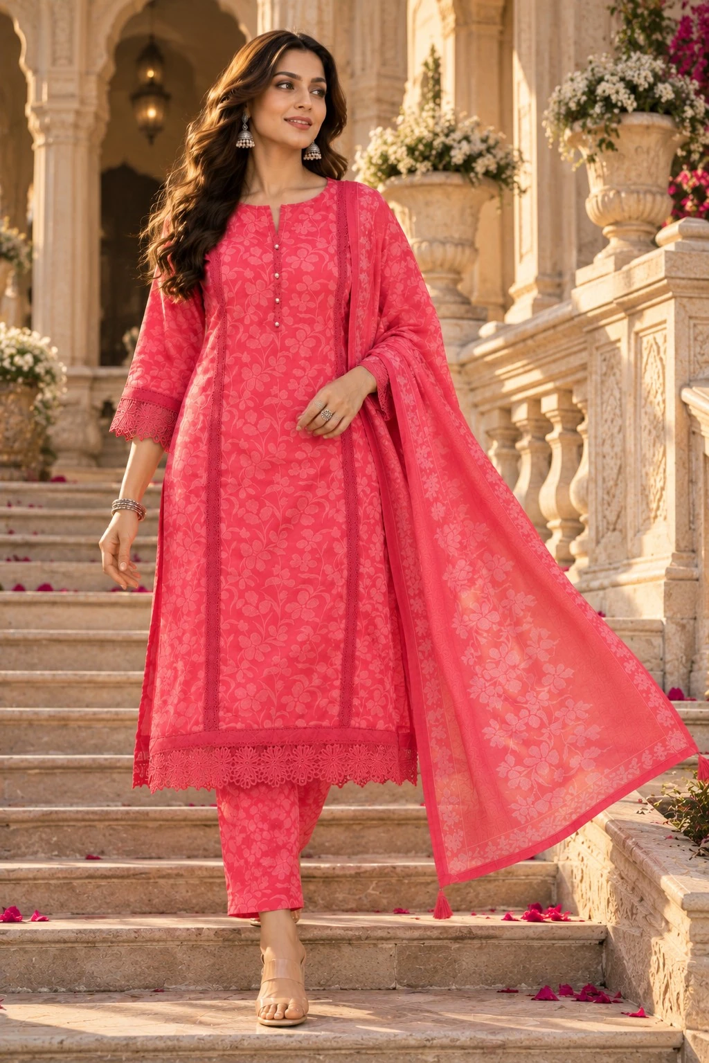 Coral Pink Cutwork Lace Pure Cotton Kurta Pant Set with Dupatta — view 3
