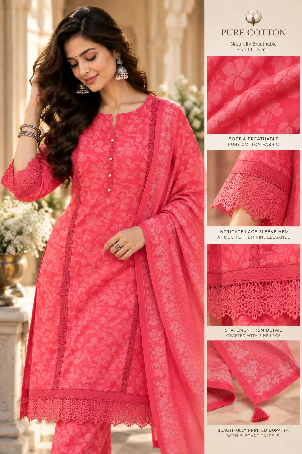 Coral Pink Cutwork Lace Pure Cotton Kurta Pant Set with Dupatta — view 4