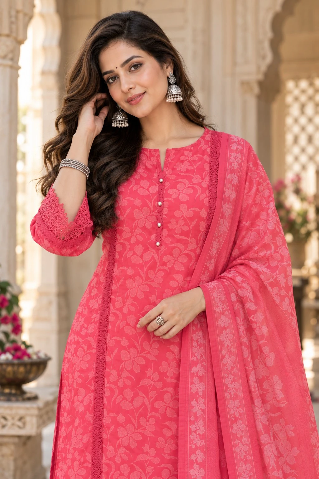 Coral Pink Cutwork Lace Pure Cotton Kurta Pant Set with Dupatta — view 5