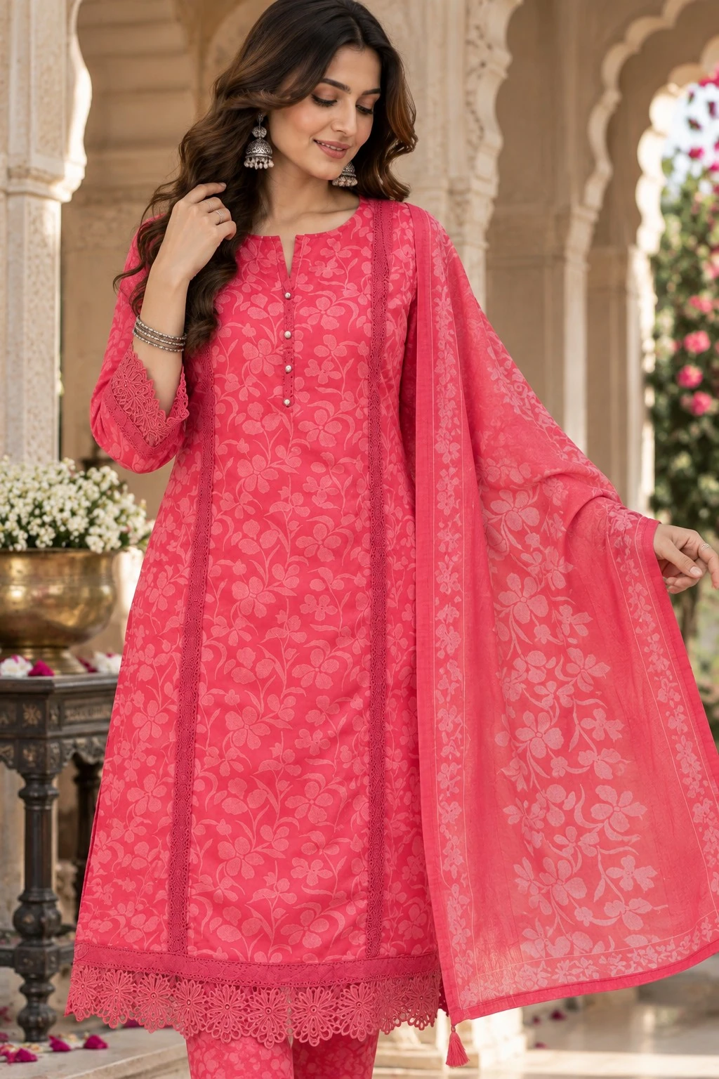 Coral Pink Cutwork Lace Pure Cotton Kurta Pant Set with Dupatta — view 6