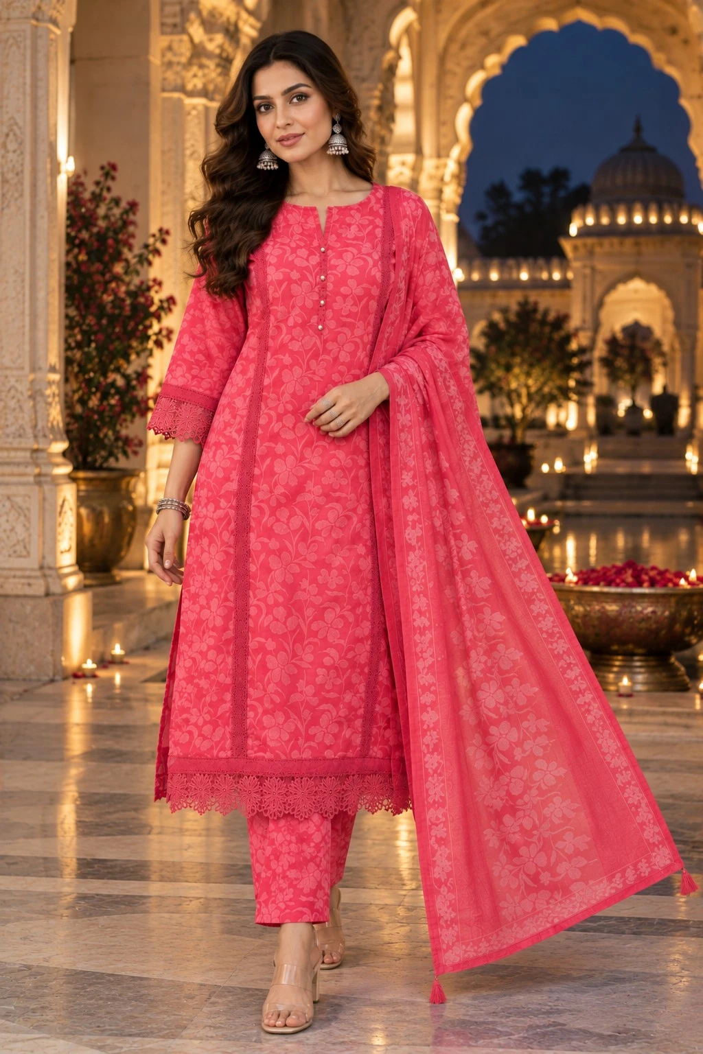 Coral Pink Cutwork Lace Pure Cotton Kurta Pant Set with Dupatta — view 7