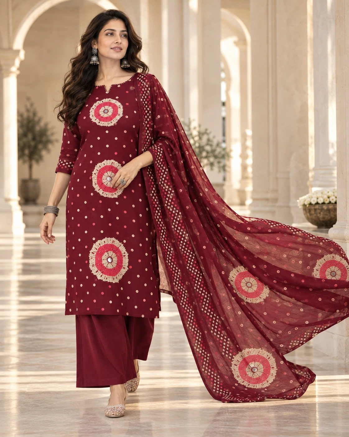 Deep Maroon Bandhani Mirror Pure Cotton Kurta Palazzo Set & Dupatta