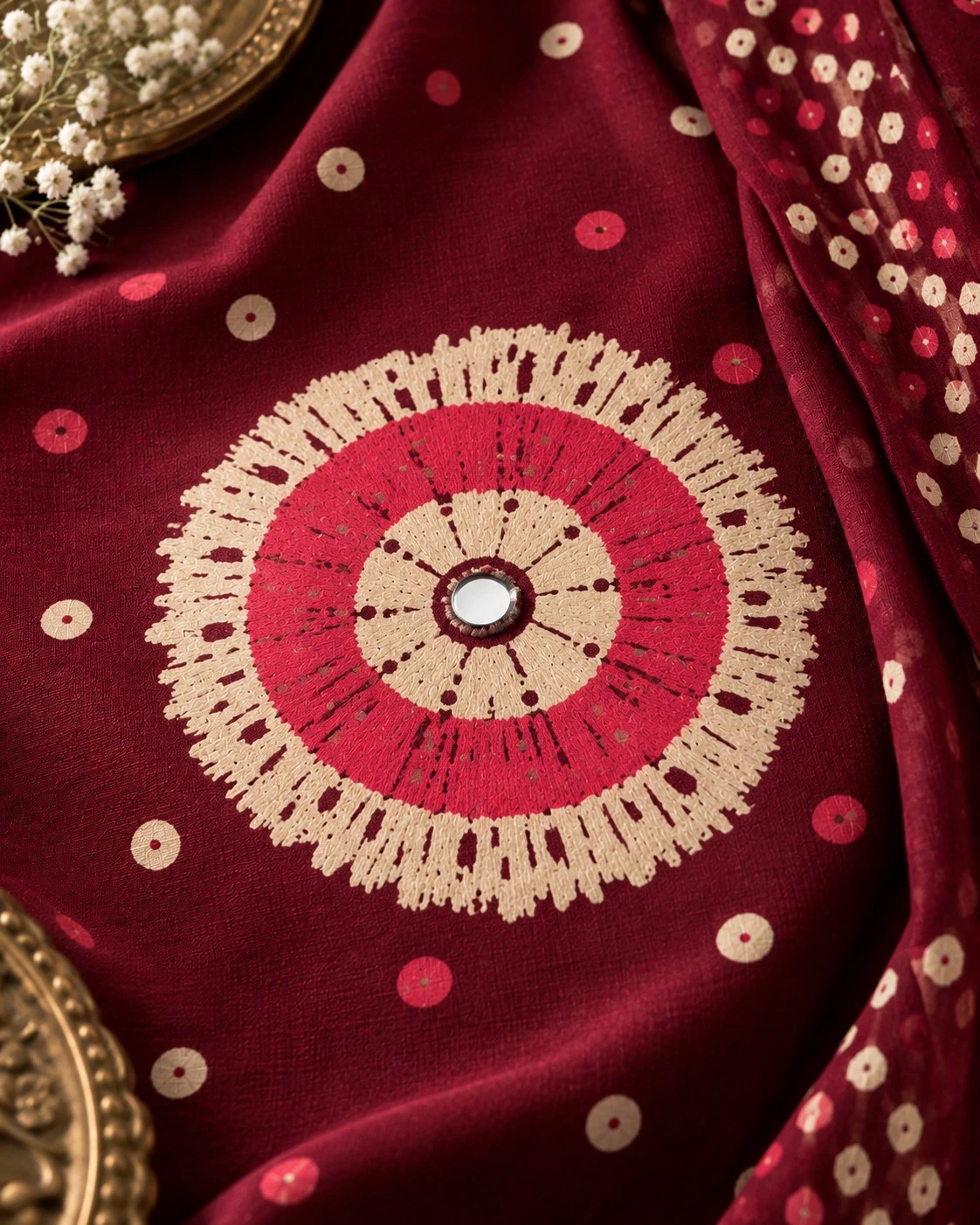 Deep Maroon Bandhani Mirror Pure Cotton Kurta Palazzo Set & Dupatta — view 5