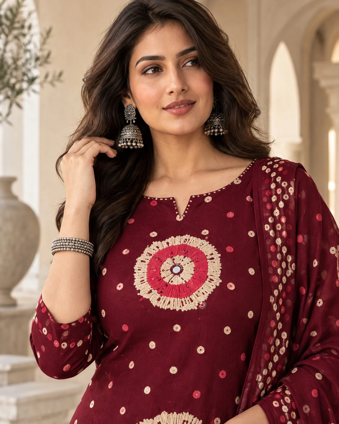 Deep Maroon Bandhani Mirror Pure Cotton Kurta Palazzo Set & Dupatta — view 3