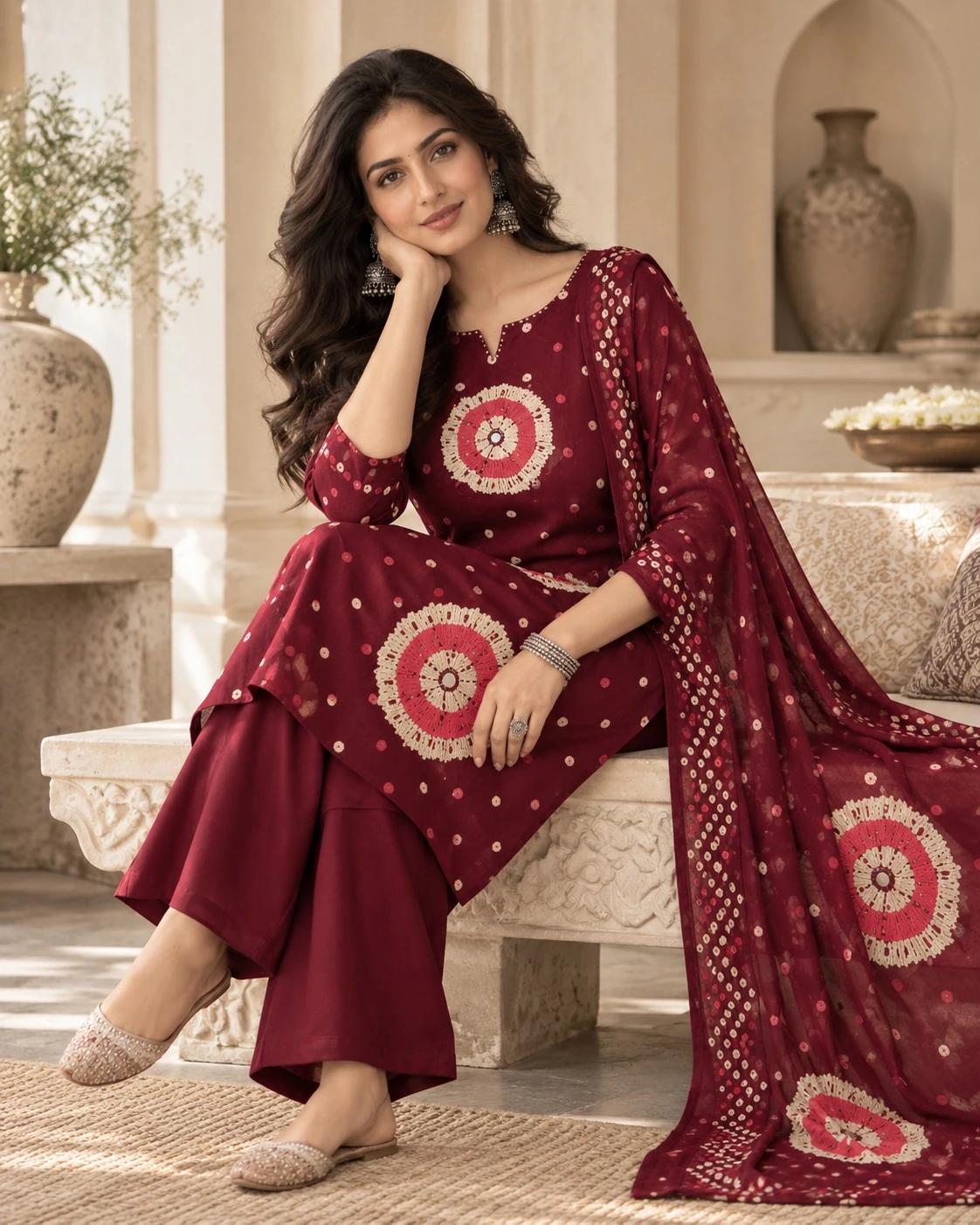 Deep Maroon Bandhani Mirror Pure Cotton Kurta Palazzo Set & Dupatta — view 2