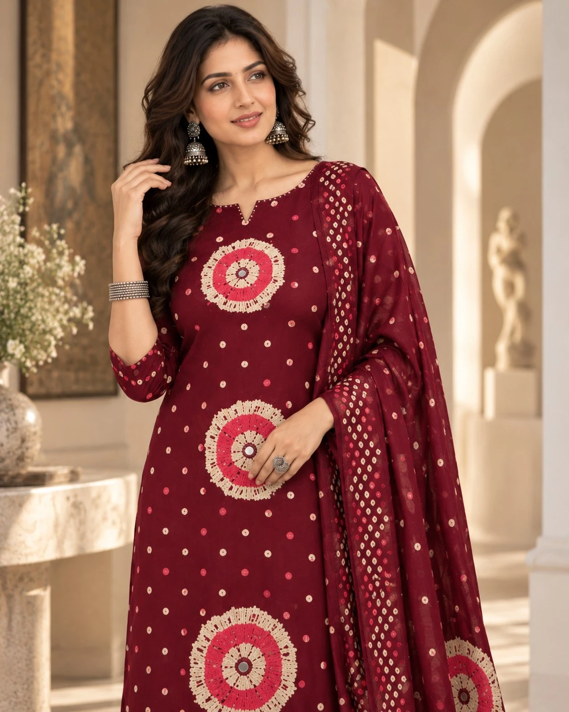 Deep Maroon Bandhani Mirror Pure Cotton Kurta Palazzo Set & Dupatta — view 4